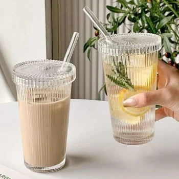 375Ml Simple Stripe Glass Cup With Lid and Straw
