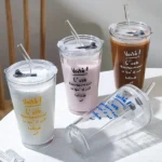 Round Transparent Borosilicate Drinking Glass Cup/Tumbler with Lid + Straw