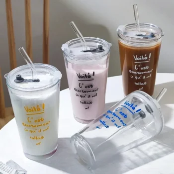 Round Transparent Borosilicate Drinking Glass Cup/Tumbler with Lid + Straw